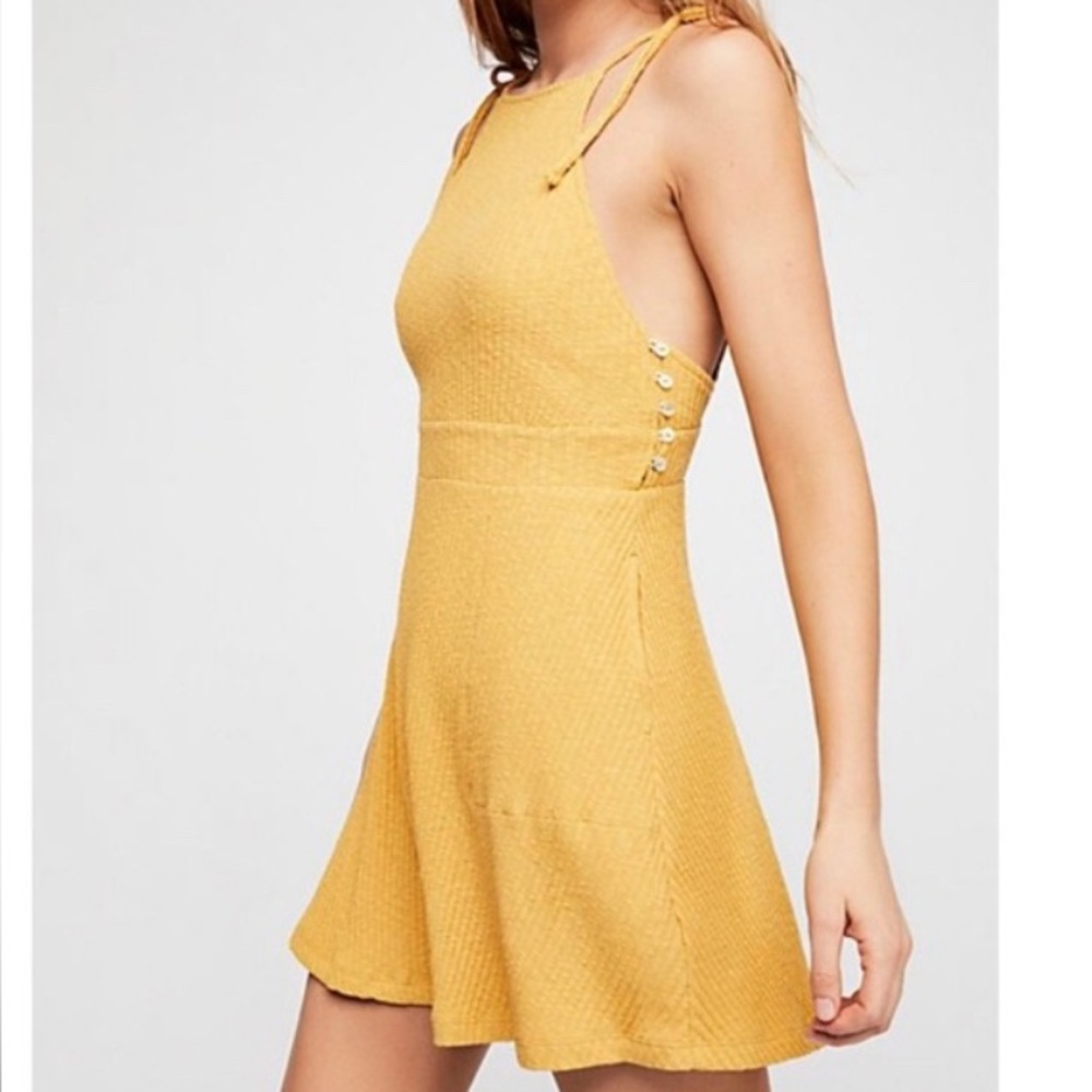 Free People Beach Mustard Yellow Rib Knit Sunbaked Mini Dress size Small